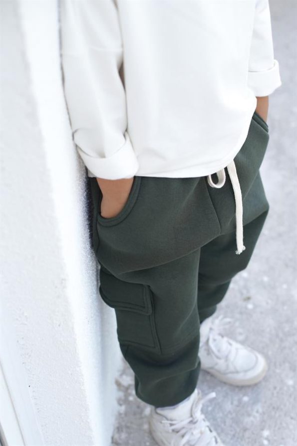 Kids' Tracksuit Set - Haki Fleece Lined Joggers with Side Pockets - Cream Cotton Sweatshirt