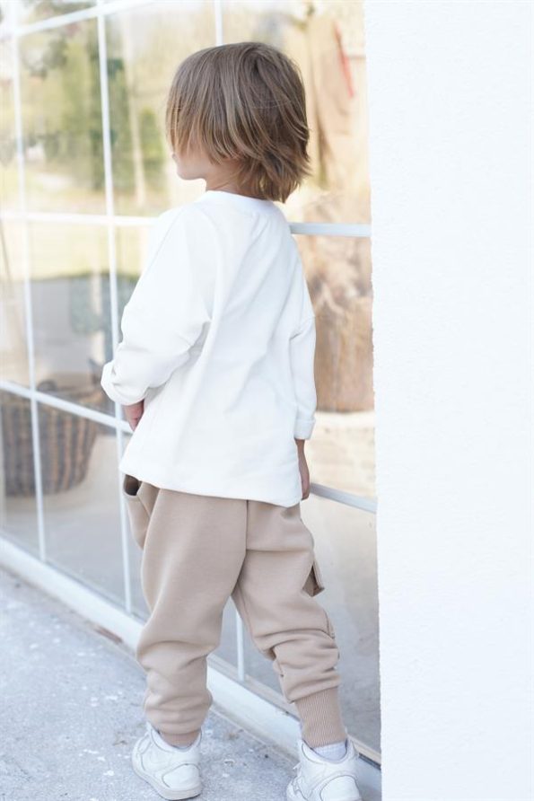 Kids' Tracksuit - Beige Fleece Lined Sweatpants with Side Pockets - Cream Cotton Sweatshirt