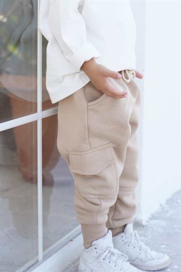 Kids' Tracksuit - Beige Fleece Lined Sweatpants with Side Pockets - Cream Cotton Sweatshirt