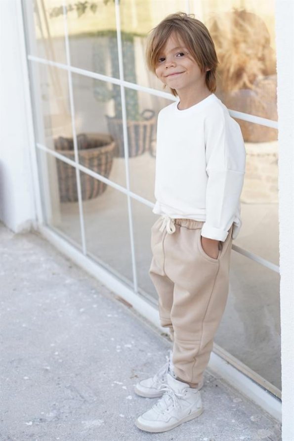 Kids' Tracksuit - Beige Fleece Lined Sweatpants with Side Pockets - Cream Cotton Sweatshirt