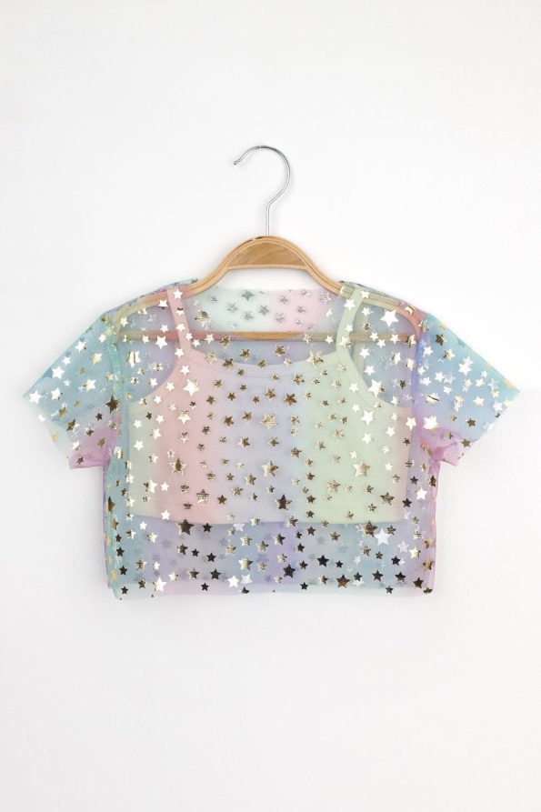 Multicolored Star Printed Girls Tulle Crop