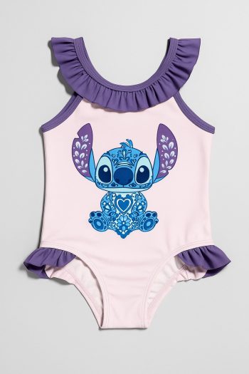 Girls' Pink Stitch Printed Ruffled One-Piece Swimsuit