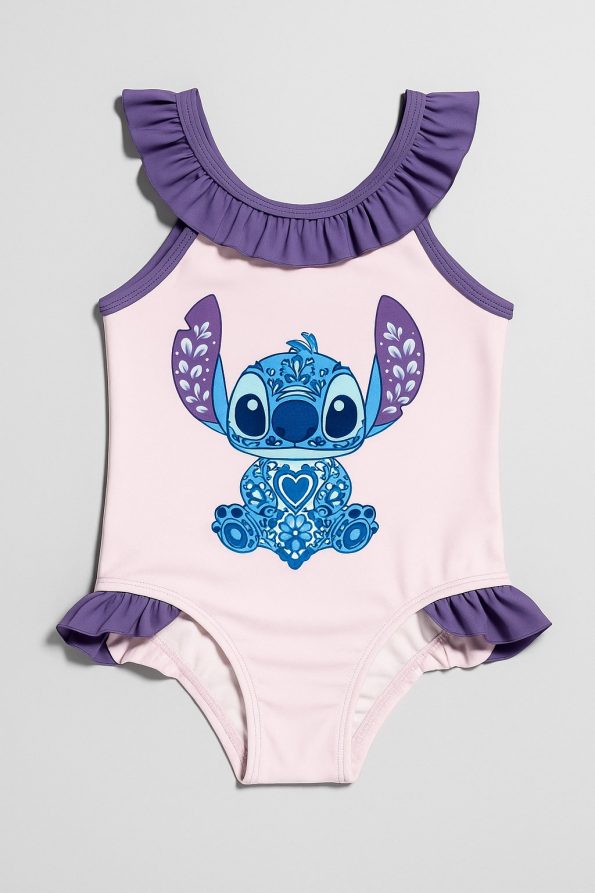Girls' Pink Stitch Printed Ruffled One-Piece Swimsuit
