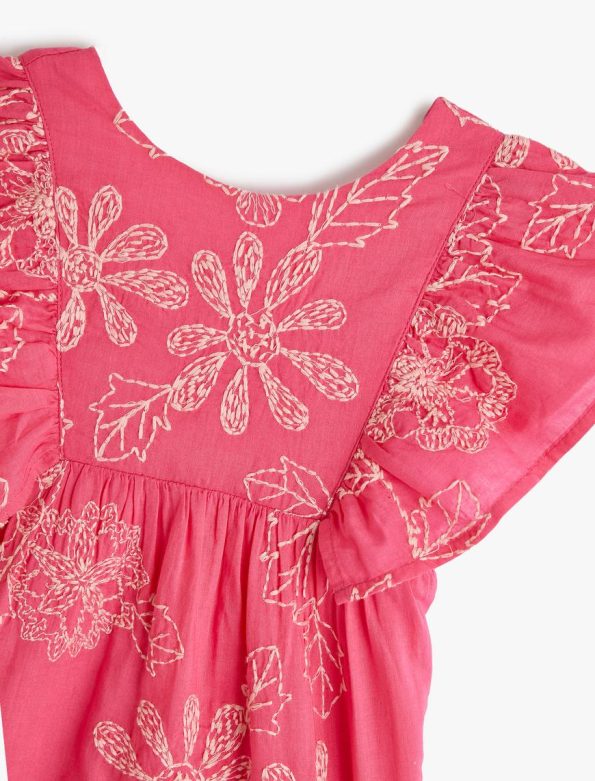 Flower Embroidered Sleeveless Ruffle Detail Round Neck Cotton Dress for Baby Girls