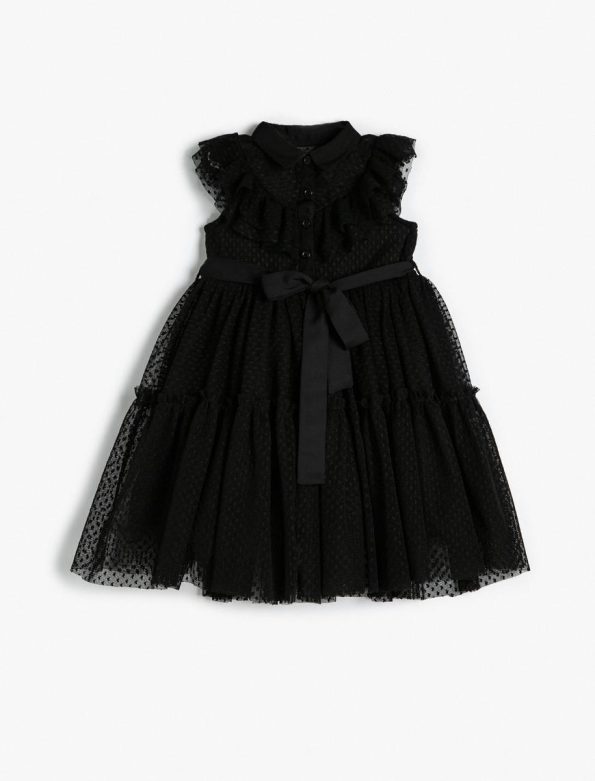 Girls' Tulle Dress with Shirt Collar and Button Details