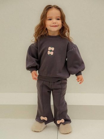 Girls' Cotton Charcoal Pink Bow Detail Tracksuit