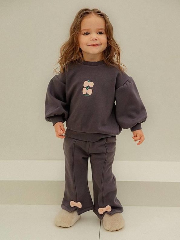 Girls' Cotton Charcoal Pink Bow Detail Tracksuit