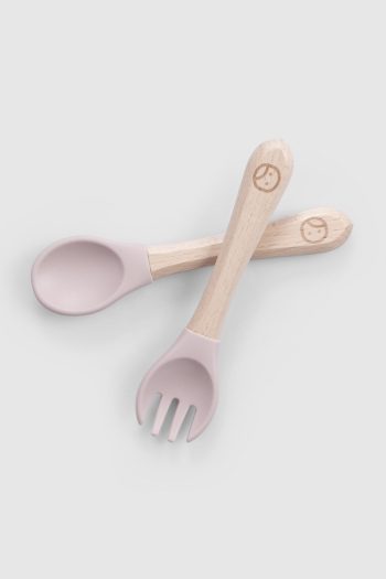 Pink Silicone Fork and Spoon Set with Bamboo Handle