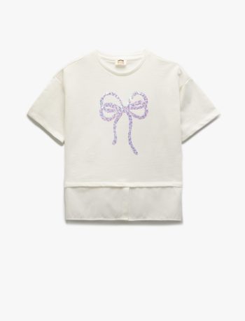Girls' Short Sleeve T-Shirt with Sequin Bow Detail