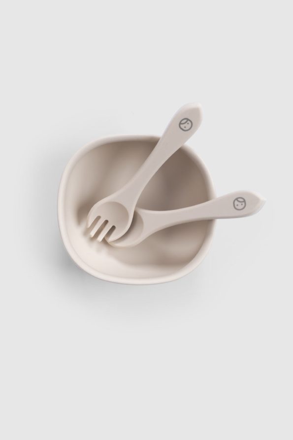 Beige Silicone Vacuum Suction Plate Fork and Spoon Set