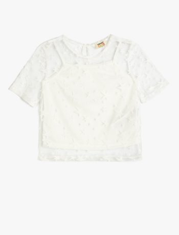 Girls' Short Sleeve Lace Detail Crew Neck Blouse