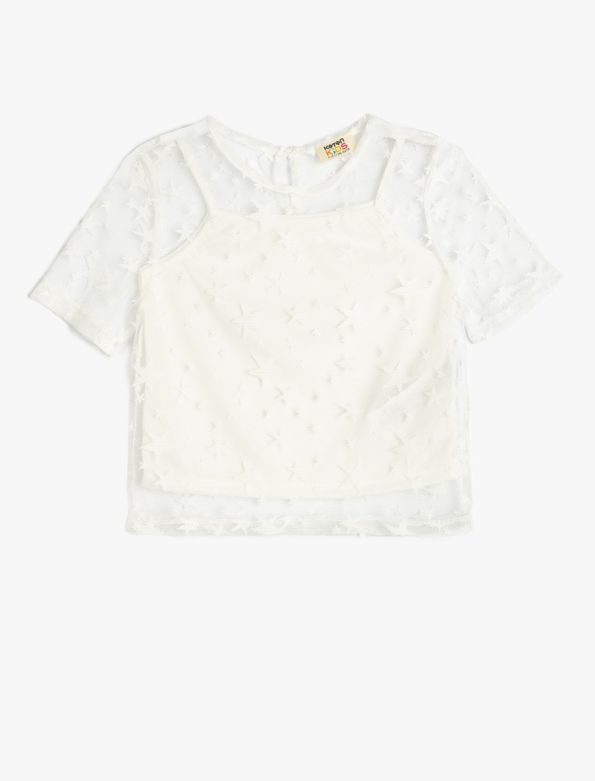 Girls' Short Sleeve Lace Detail Crew Neck Blouse
