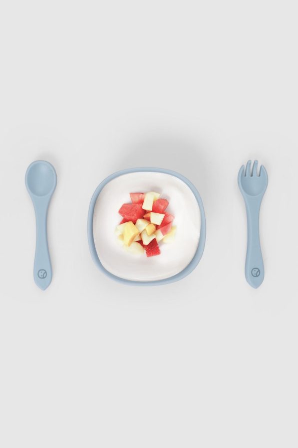 Silicone Vacuum Blue Baby Feeding Plate Fork Spoon Set