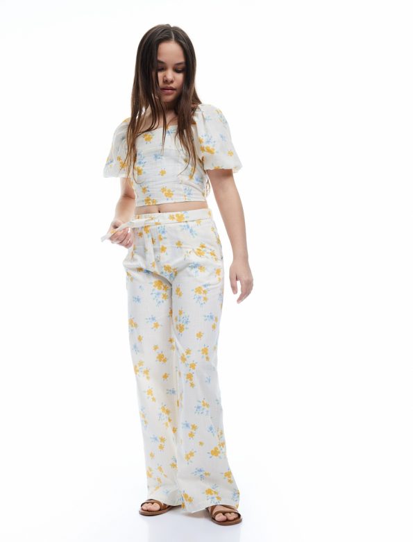 Girls' Cotton Floral Print Wide Leg Trousers with Belt Detail