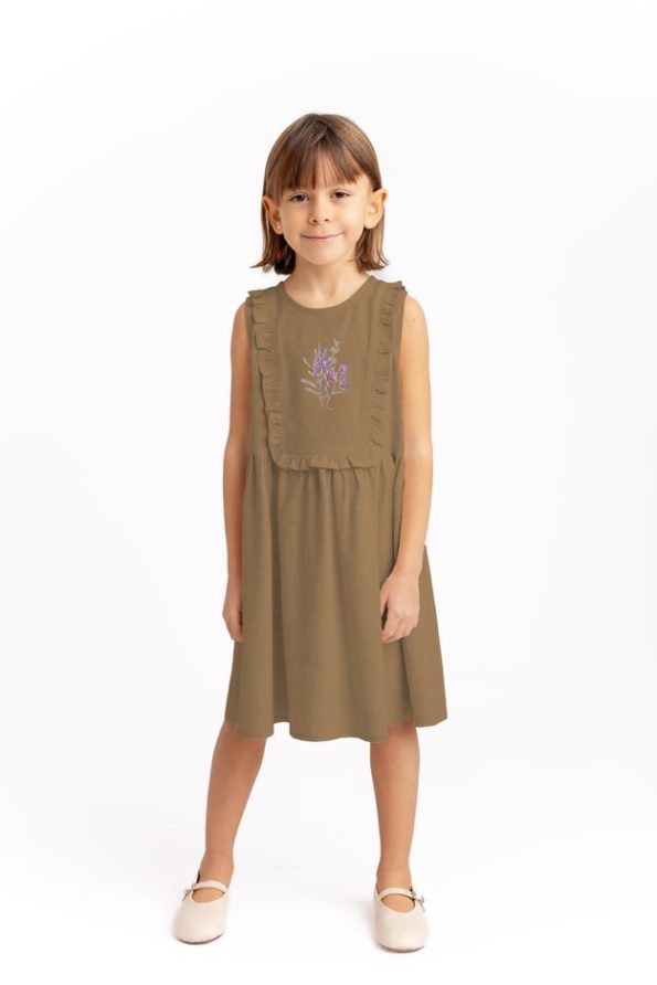 Embroidered Rectangle Yoke Linen Dress 2-7 Years Caramel