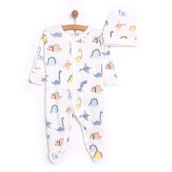 Newborn Baby Boy Dino Print Romper and Beanie Set
