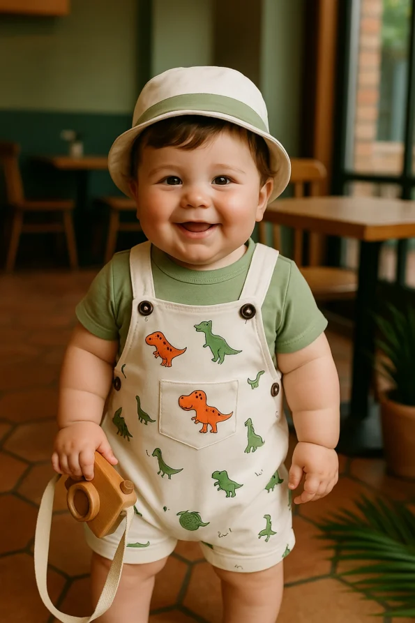 Dino Animals Bucket Hat and T-Shirt Overalls 3-Piece Set