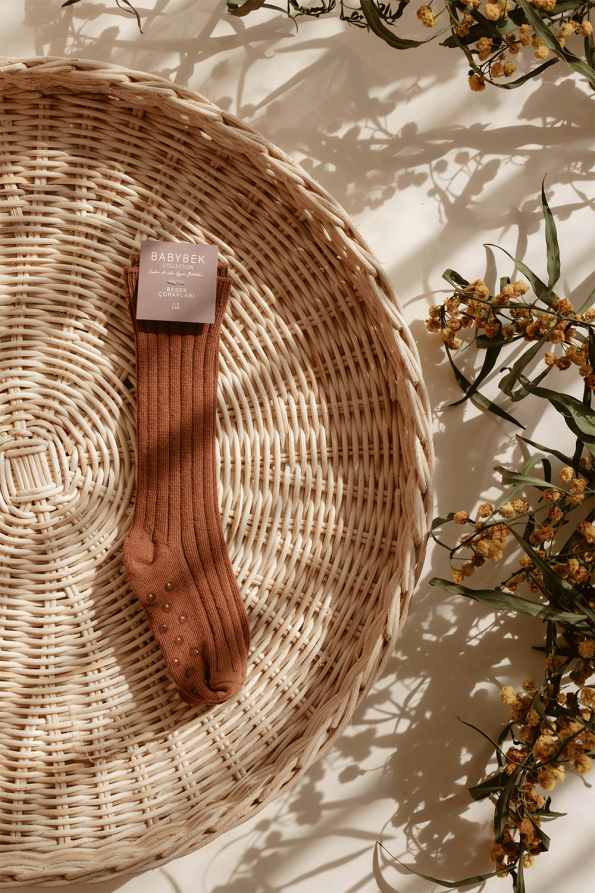 Non-Slip Cotton Knee-High Socks - Brown