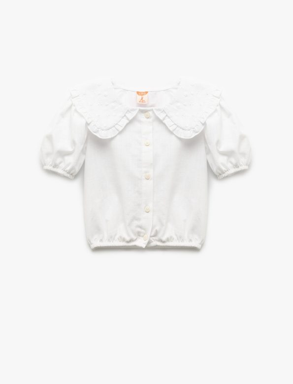 Girls' Short Sleeve Cotton Baby Collar Shirt with Embroidery