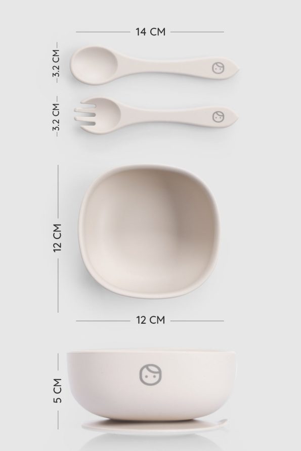 Beige Silicone Vacuum Suction Plate Fork and Spoon Set