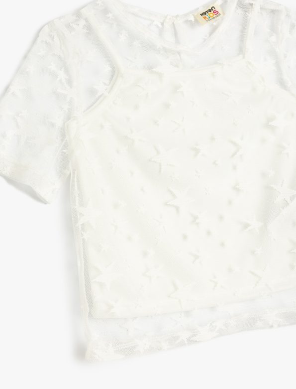 Girls' Short Sleeve Lace Detail Crew Neck Blouse