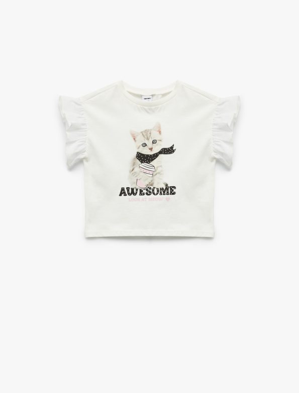 Girls' Cotton Cat Print Ruffled Short Sleeve T-Shirt
