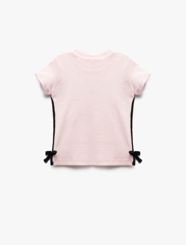 Girls' Cotton T-Shirt with Ribbed Details and Bow Accent