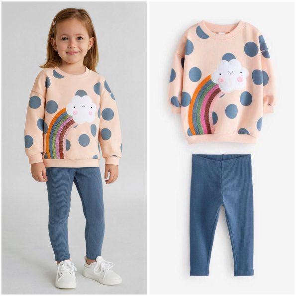 Rainbow Pattern Cotton Sweatshirt and Leggings Set for Girls