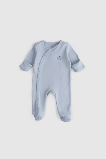 Self-Mitten Footed 2-Piece Organic Cotton Blue - Ecru Romper Set