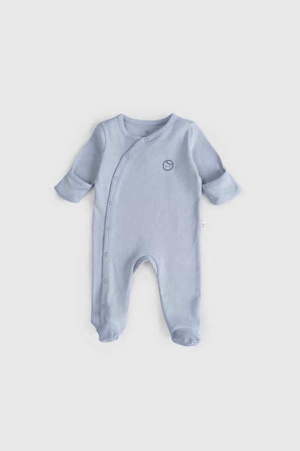 Self-Mitten Footed 2-Piece Organic Cotton Blue - Ecru Romper Set