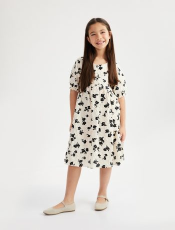 Girls' Floral Print A-Line Cotton Short Sleeve Dress