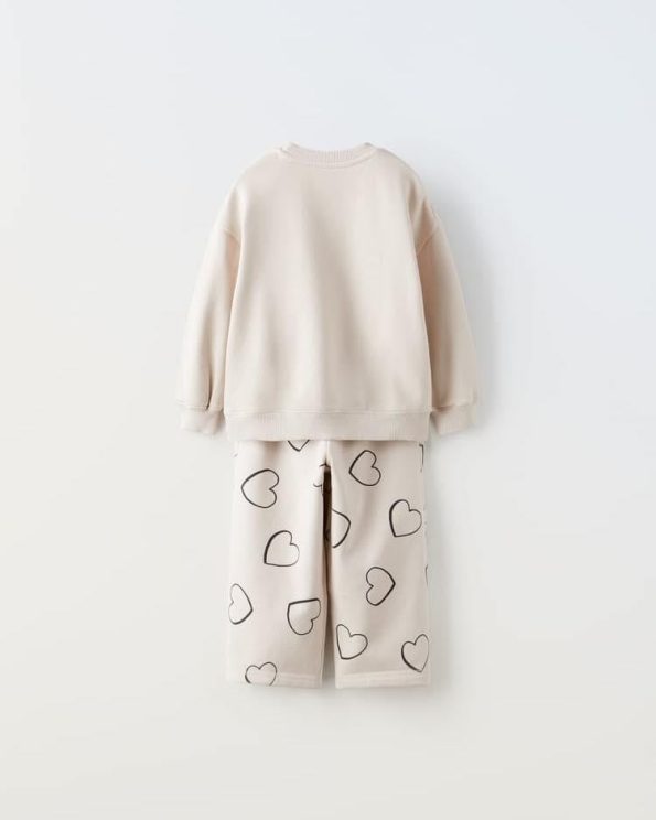 Girls' Cotton Ecru Heart Print Sweatshirt and Wide Leg Jogger Set