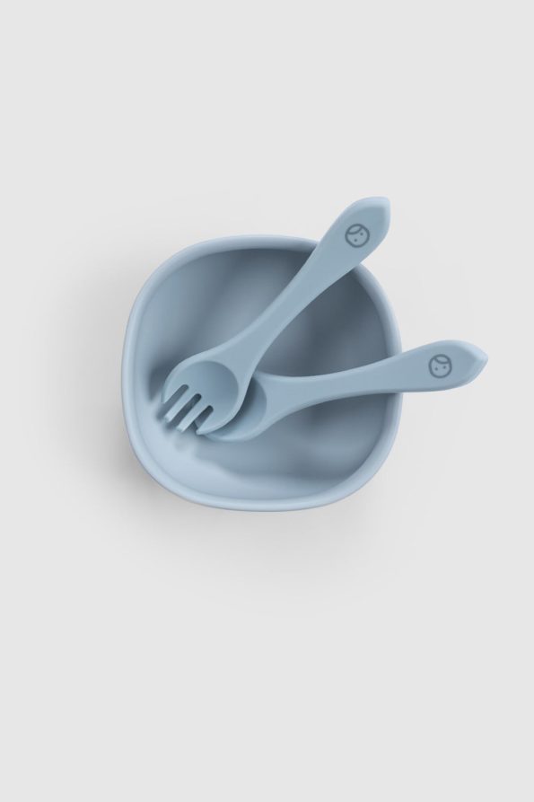 Silicone Vacuum Blue Baby Feeding Plate Fork Spoon Set