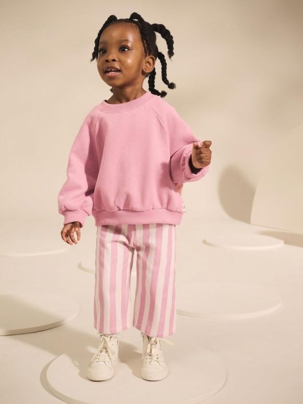 Girls' Cotton Pink Sweatshirt and Striped Wide Leg Pants Set