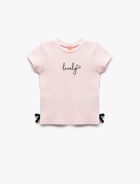 Girls' Cotton T-Shirt with Ribbed Details and Bow Accent