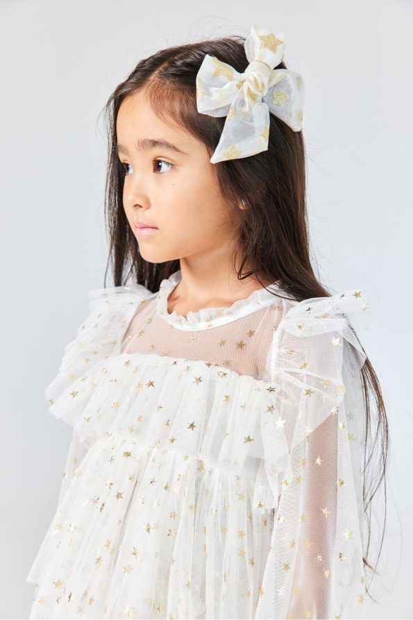 Ecru Star Patterned Layered Dress for Girls - Felicia
