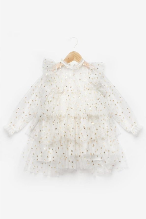 Ecru Star Patterned Layered Dress for Girls - Felicia