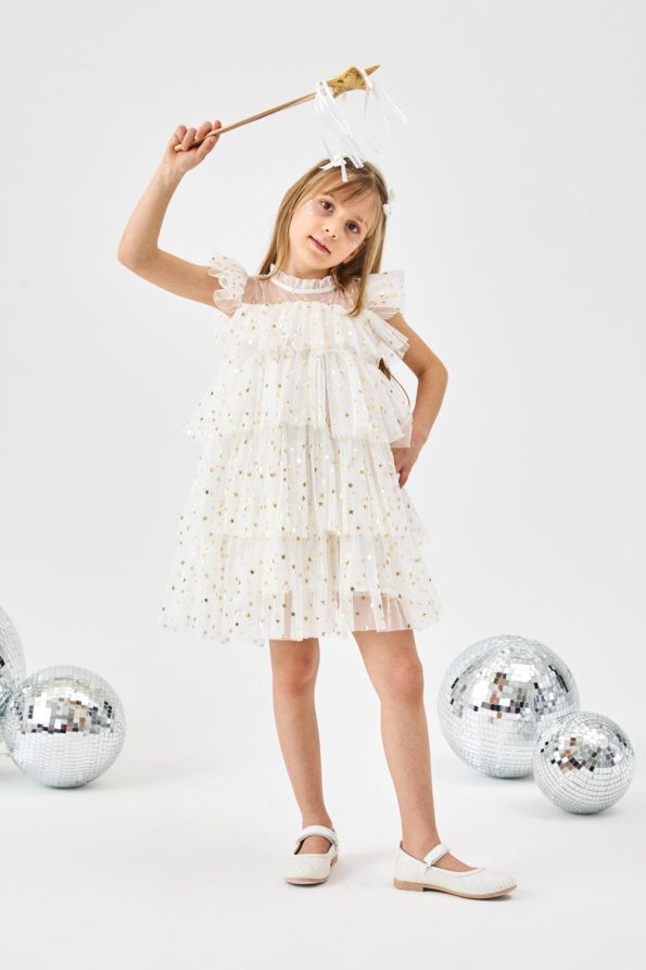 Ivory Starry Layered Tulle Dress for Girls - Essie