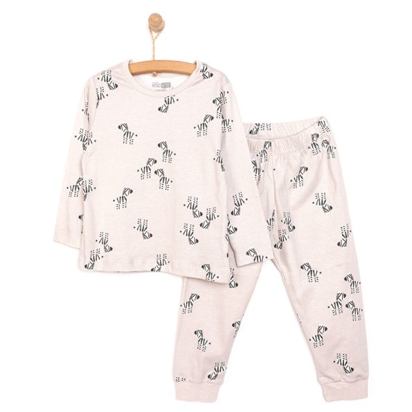 Boys' Long Sleeve Pajama Set with Crew Neck and Cuffed Pants in Beige