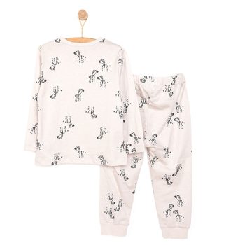 Boys' Long Sleeve Pajama Set with Crew Neck and Cuffed Pants in Beige