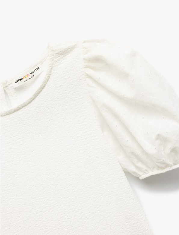 Girls' Balloon Sleeve Crew Neck Embroidered Basic Blouse