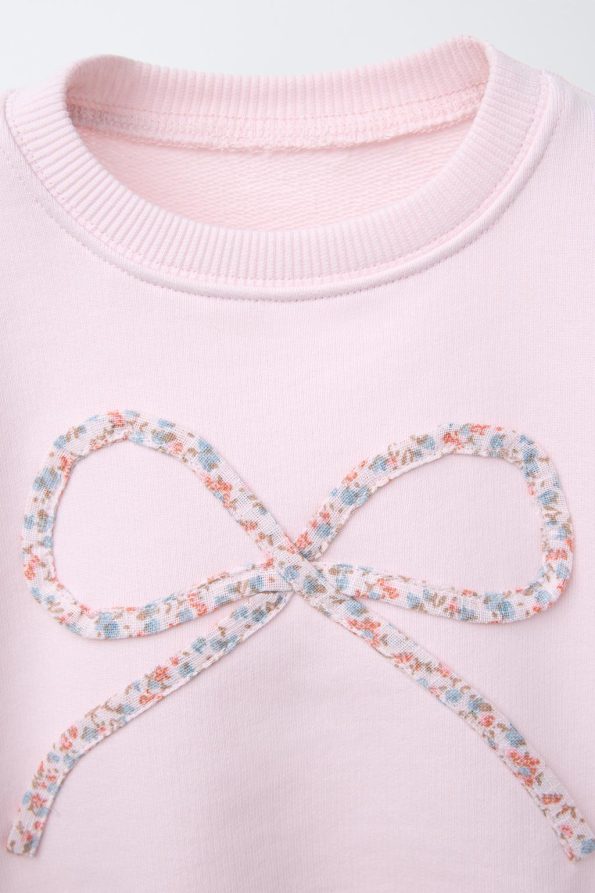 Girls' Cotton Pink Bow Patterned Sweatshirt and Floral Leggings Set