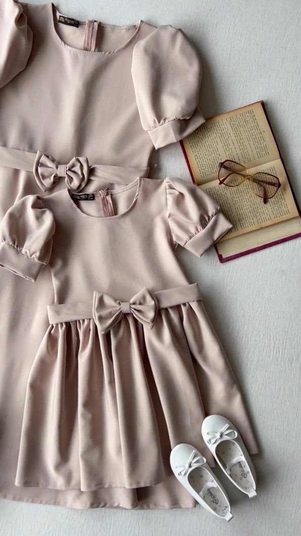 Beige Watermelon Sleeve Midi Dress for Moms and Daughters