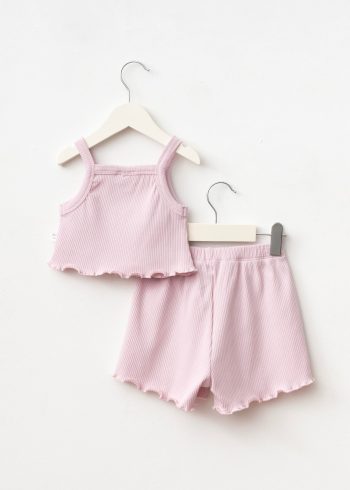 Girls' Cotton Pink Starfish Embroidered Crop Short Set