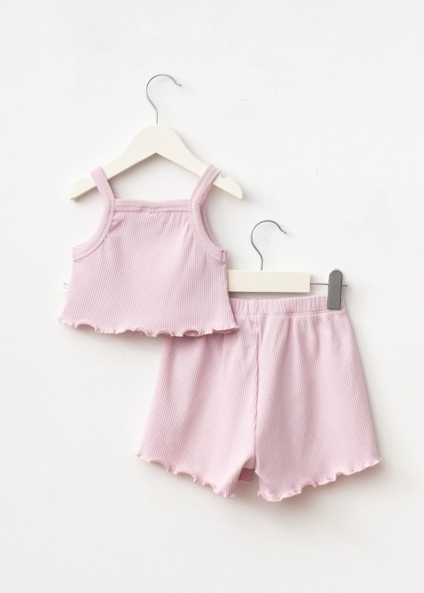 Girls' Cotton Pink Starfish Embroidered Crop Short Set
