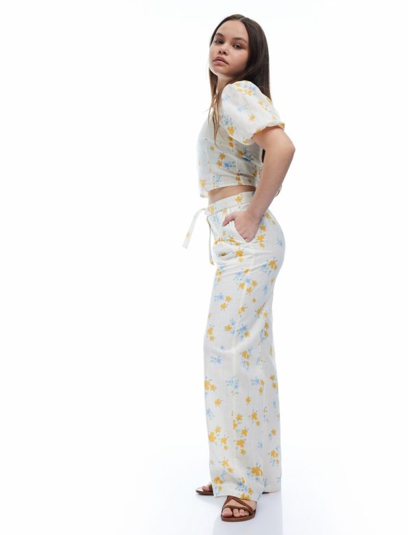 Girls' Cotton Floral Print Wide Leg Trousers with Belt Detail