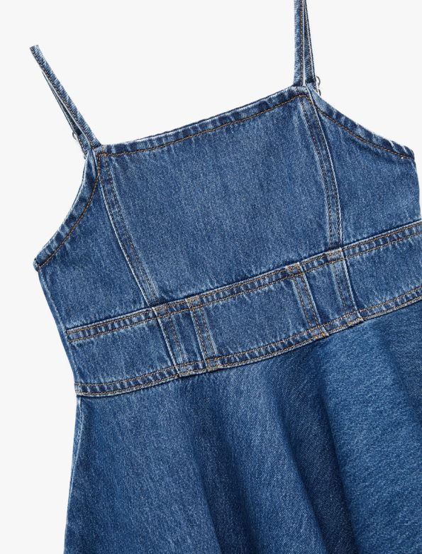 Girls' Cotton Pleated Thin Strapped Denim Dress