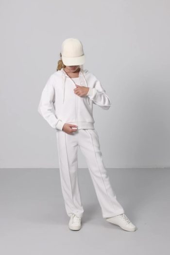 TOMMY LIFE Cream Cotton Fleece Lined Soft Texture Standard Fit Embroidered Girls' Tracksuit