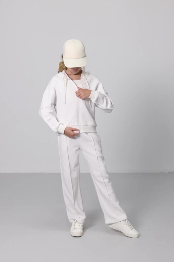 TOMMY LIFE Cream Cotton Fleece Lined Soft Texture Standard Fit Embroidered Girls' Tracksuit