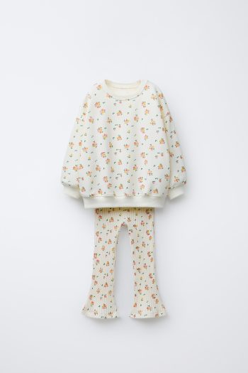 Girls' Cotton Ecru Floral Pattern Sweatshirt and Flared Leggings Set